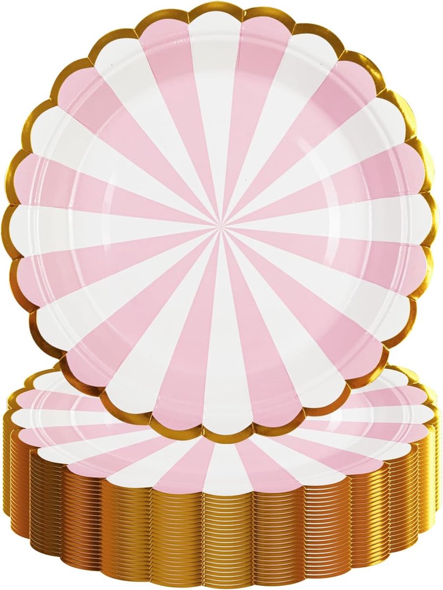 50 stuks gestreepte papieren borden, roze kinderverjaardag, feestservies, set goudfolie rand, dessertborden voor afstuderen, vakantie, bruiloft, verjaardag, feest, babyshower, decoraties