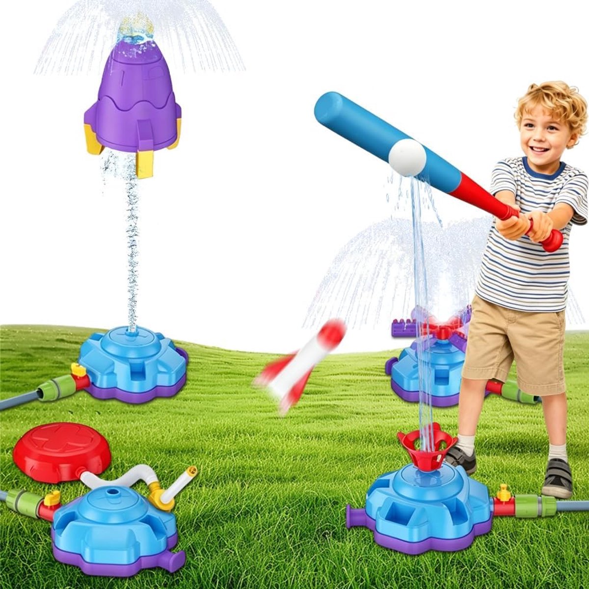 4-in-1 waterspeelgoed voor kinderen, outdoor, zomer, raket, watersprinkler, speelgoed met honkbal, raketstart, raketwatersprinkler en roterende sproeikoppen, gazon, zwembadfeest, tuinspeelgoed