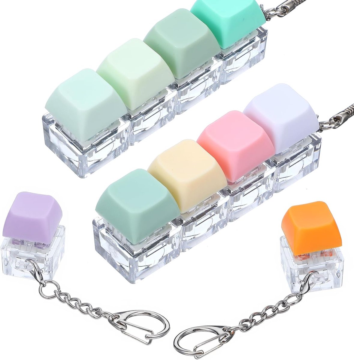 4 stuks Toetsenbord Fidget Speelgoed voor Volwassenen Fidget Toetsenbord Sleutelhanger Kleurrijke Toetsenkap Speelgoed Lineaire klik Sleutelhanger Mechanische Sleutelhanger voor Mannen Vrouwen