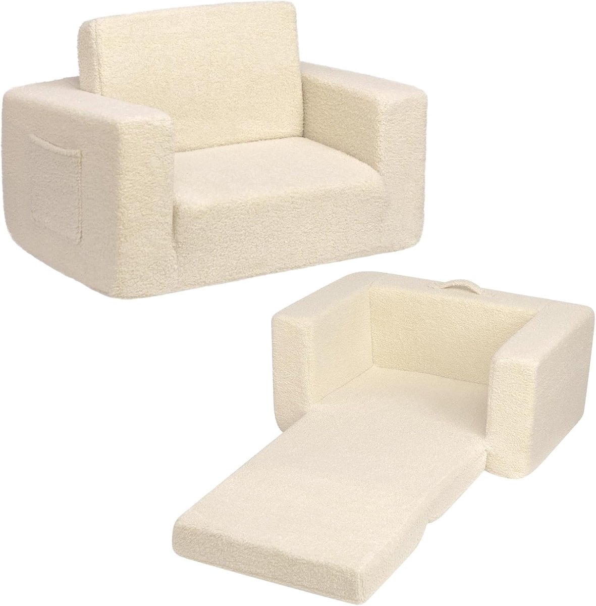 Kinderfauteuil, slaapbankje, 2-in-1 uitklapbaar kinderbankje, voor de kinderkamer, met teddybont bekleding, cadeau voor kinderdag en verjaardag, voor meisjes en jongens, beige