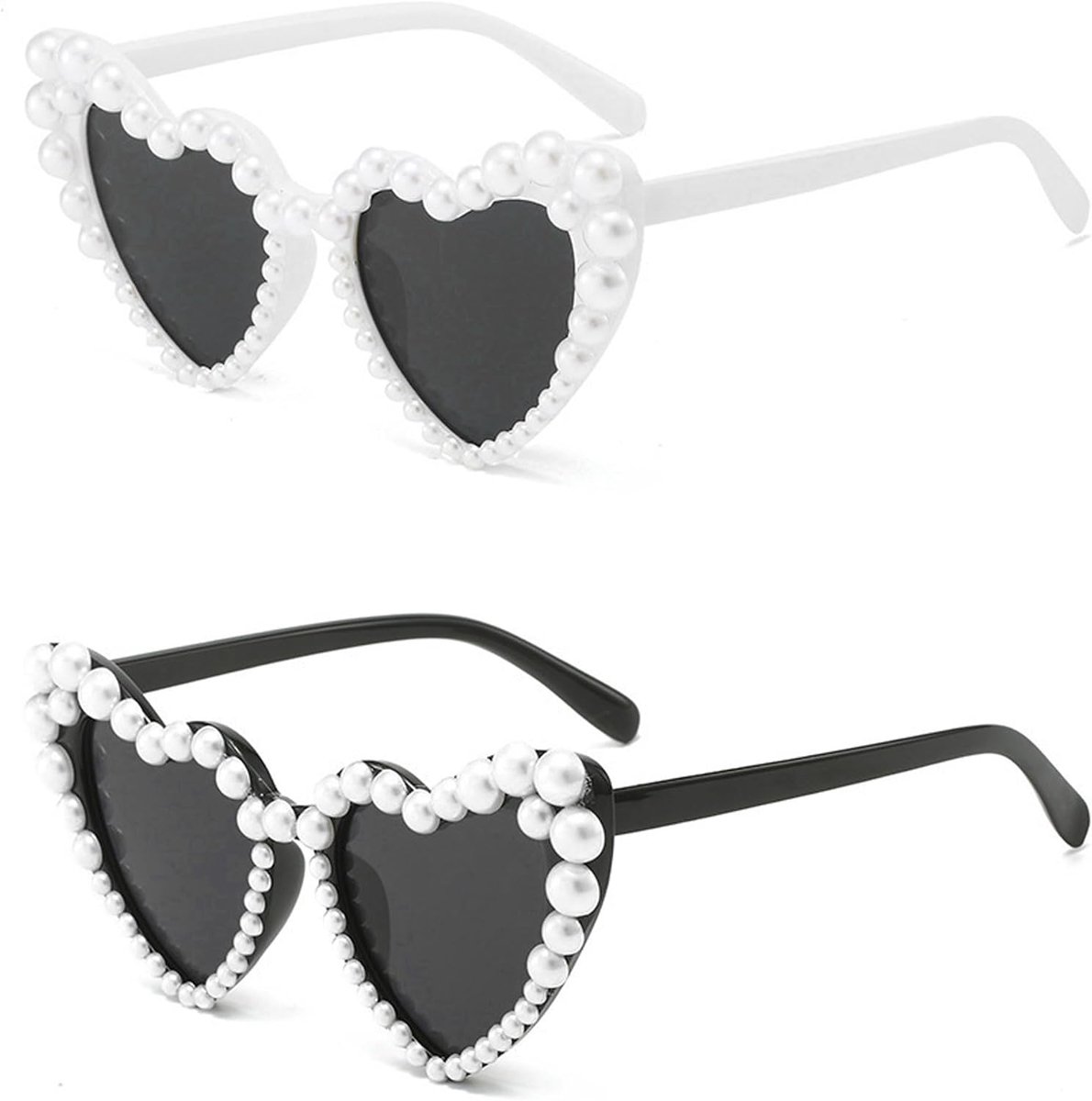 2 stuks hartvormige zonnebril met parels wit zwart vintage dames bruid bruiloft party accessoires hartbril parels zonnebril