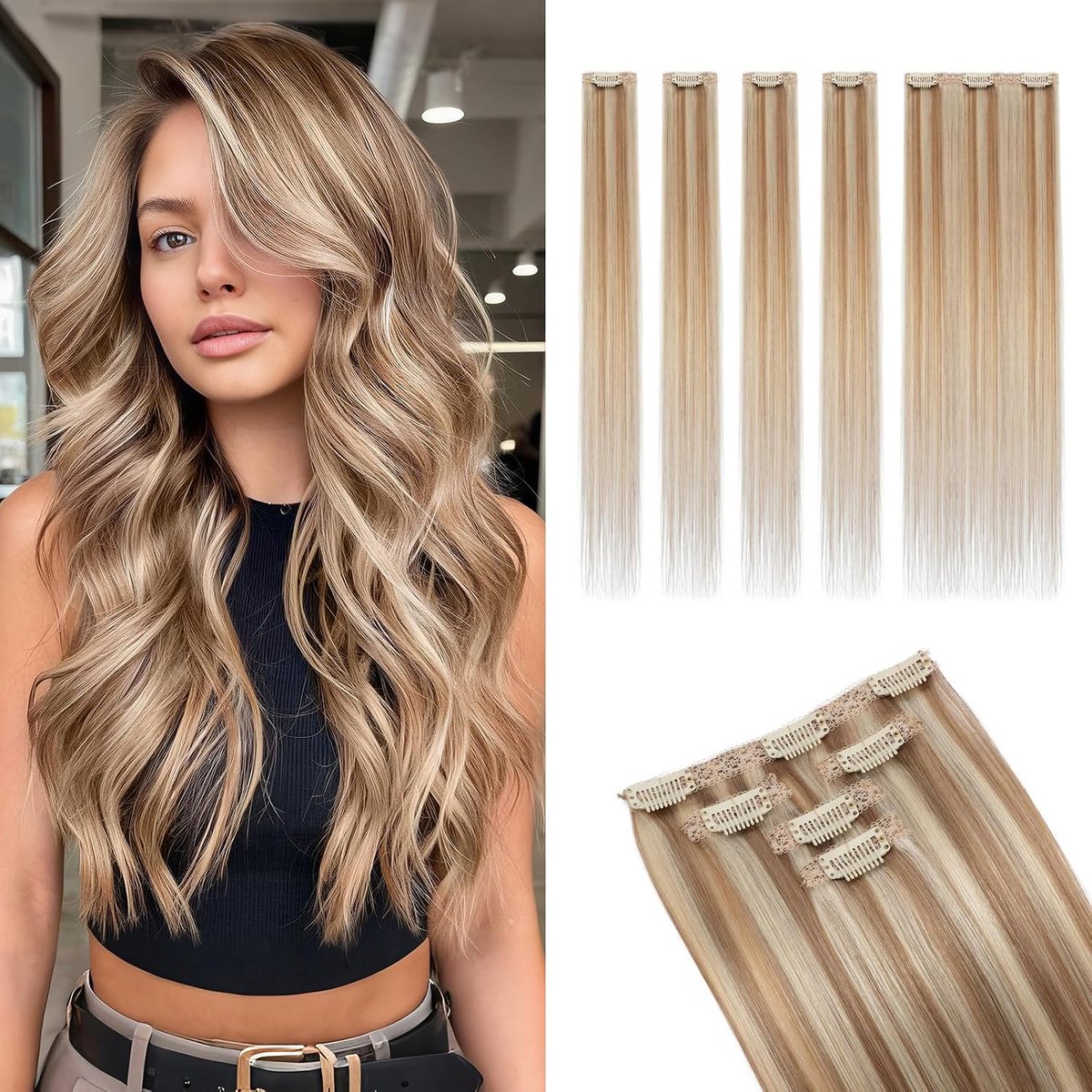Clip in Extensions Echt Haar 5 Stuks (4 Enkele Clips + 1 Tripple Clip) Steil met Lace Basis voor Onzichtbaar Volume #12P613 Goudbruin & Blond 36g 25cm