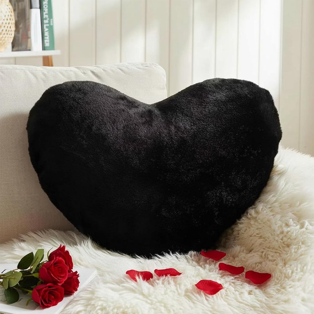 kussen, zwart hartvormig kussen, knuffelkussen, liefdessierkussen, esthetisch, pluche kussen voor woonkamer, bank, kind, slaapkamer, bed, 25 x 35 cm