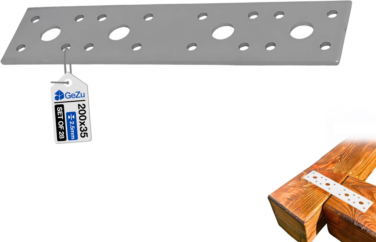 GeZu Impex Verbindingsplaat 200 x 35 x 2.5 mm Set von 28 Verzinkte Geperforeerde Platen Platte Connector Gatplaat Houtverbinders Koppelplaten