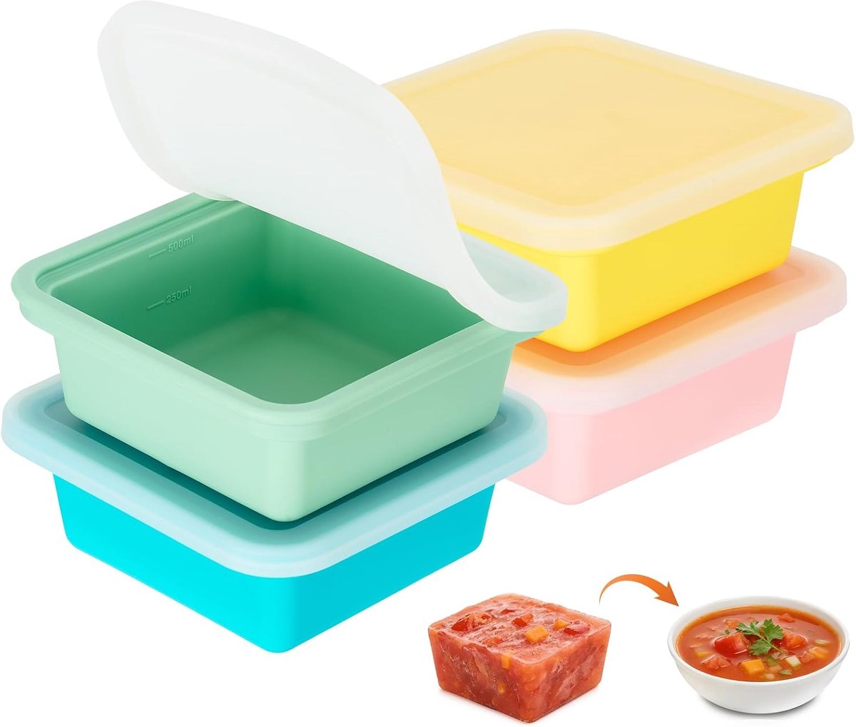 4 stuks extra grote siliconen vriesbakjes, 2 kopjes, soep, vriezer, ijsblokjesvormen met deksel, BPA-vrije levensmiddelen, soepen, vriescontainers, stapelbaar, voor bouillon, saus, ijs