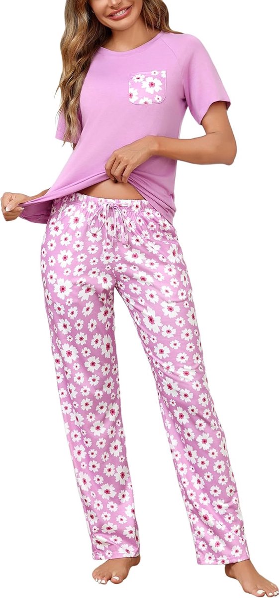 Pyjama voor dames, katoen, korte mouwen, pyjamaset, ronde hals, nachtkleding, top met korte mouwen en lange broek, 2-delige set