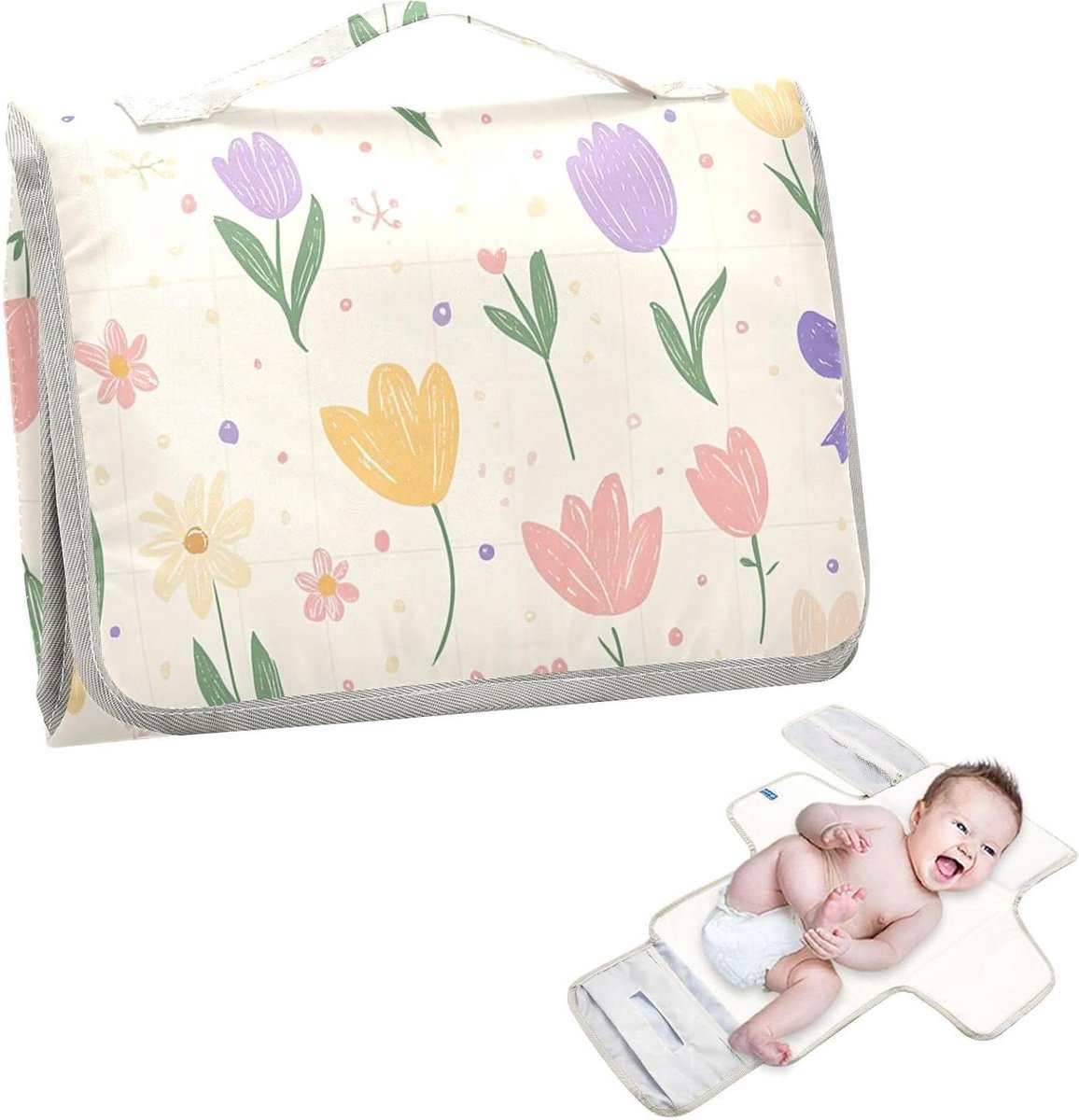 Baby Verschoonmat - Draagbare Luier Organizer - Onderweg Luiers Verschoonen - Met Ingebouwde Kussen - 62 x 30 cm - Bloemenprint