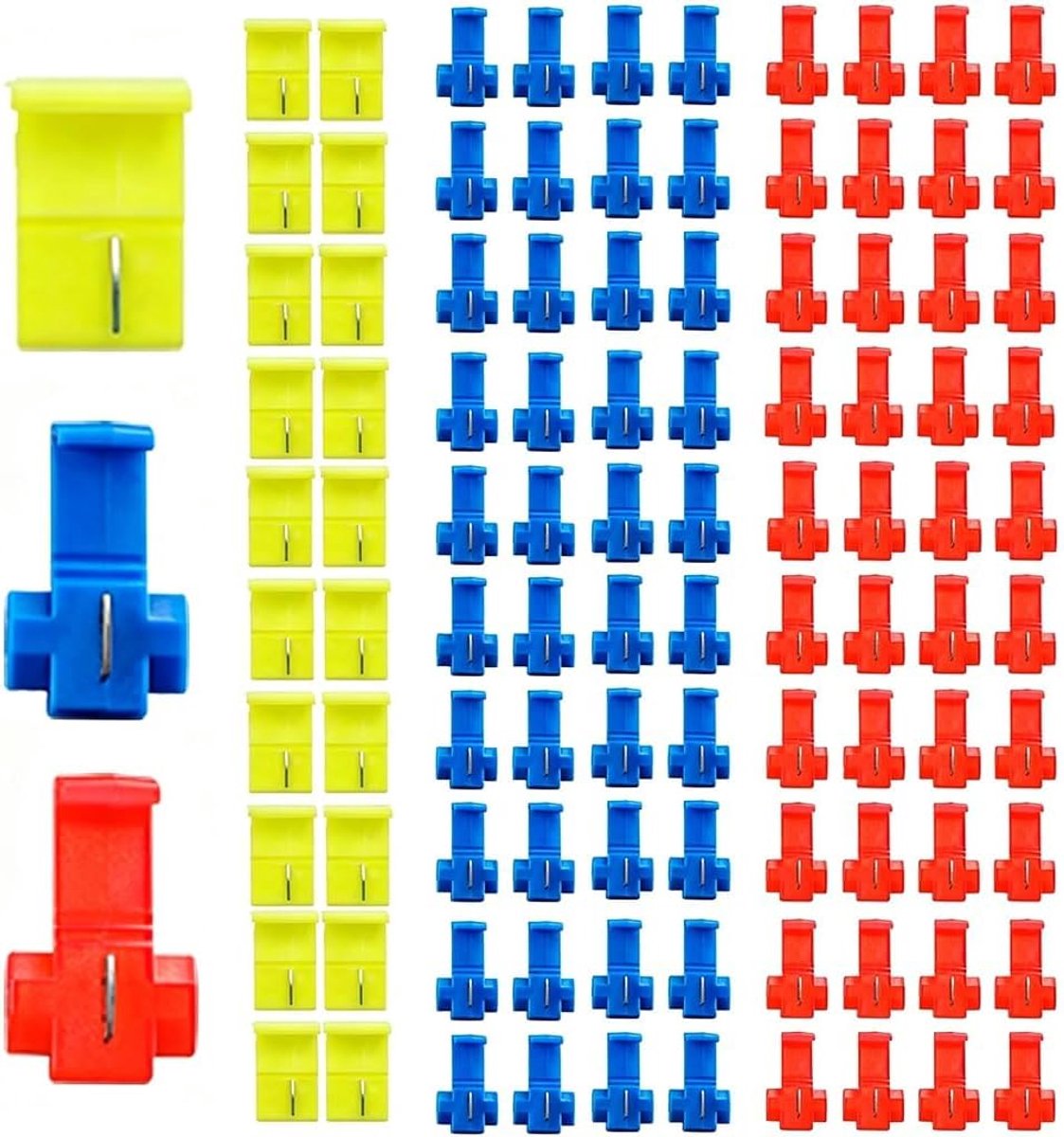 100 stuks stroomdief auto-aftakconnectorset, snelverbinders, kabelverbinders, auto voor auto, motorfiets, kabelklemmen, elektrische aftakklem (40 rood 0,5-1,5 mm², 40 blauw 0,75-2 mm², 20 geel 2-4 mm²