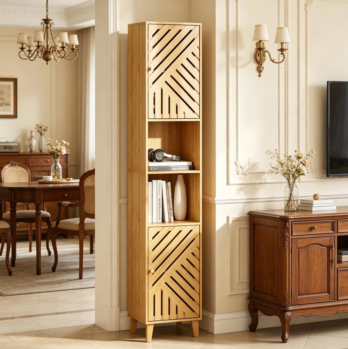 MIVRAY Hoekkast - Smalle Hoge Opbergkast Met Open Vak En Verstelbare Planken - Voor Badkamer En Woonkamer - Bamboe - Natuurhout