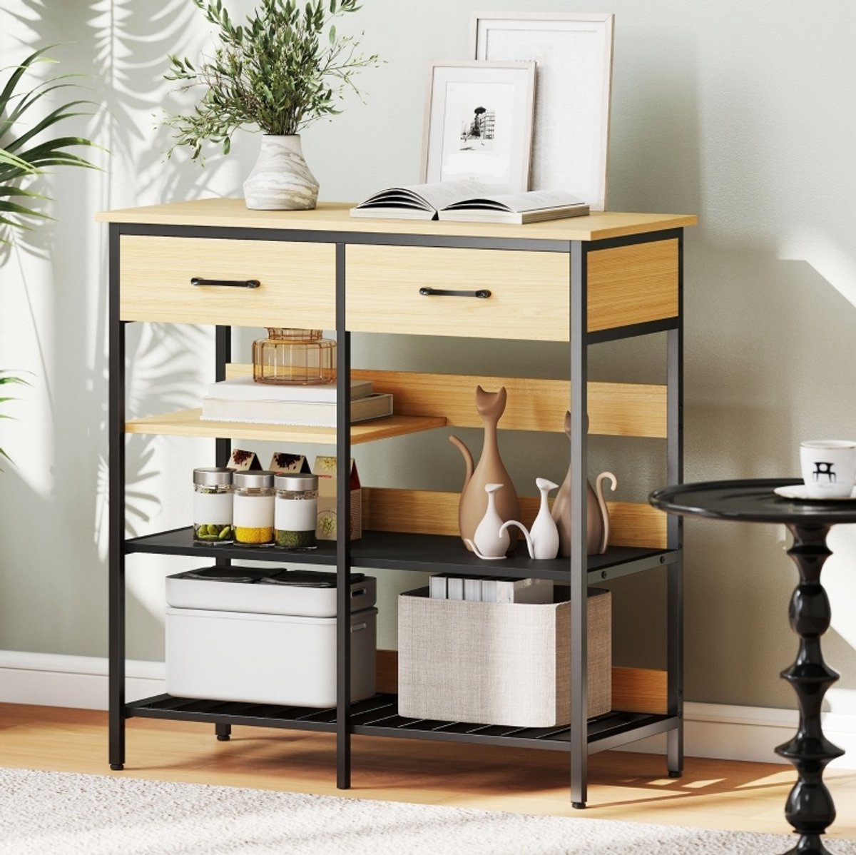 MODENUIT Keukenkast – 90 x 40 x 91 cm – 2 Lades en 3 Open Vakken – Hout en Staal – Naturel en Zwart