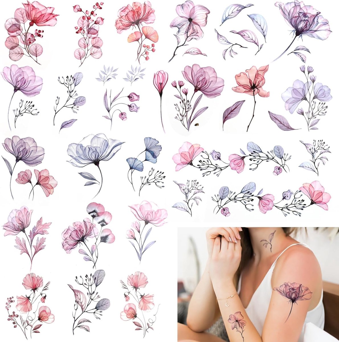 Tijdelijke tatoeages Stickers, waterdichte zelfklevende tatoeages voor volwassenen om op de huid aan te brengen, aquarel bloemblaadjes nep tattoo stickers (20 stuk)
