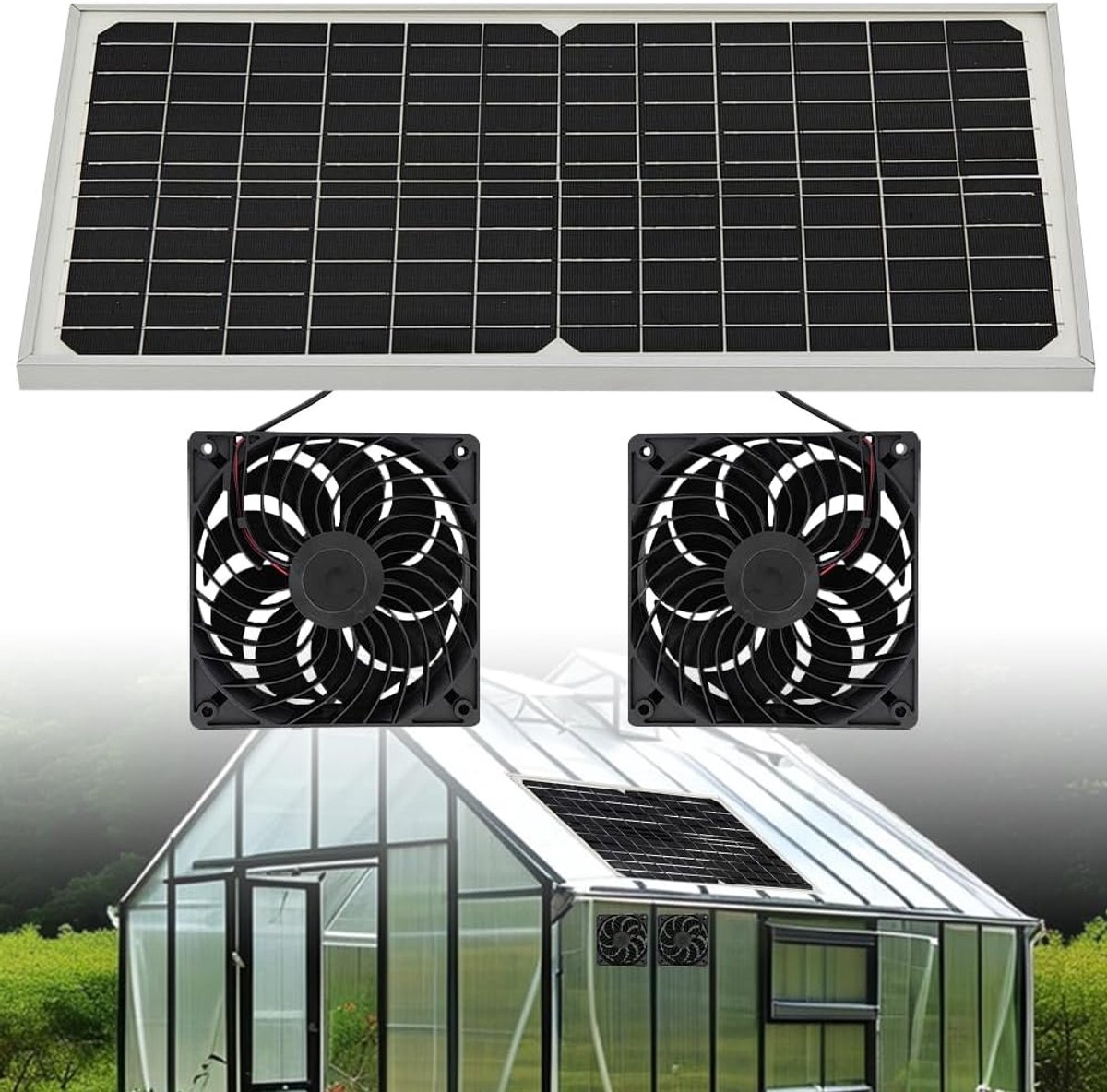 Ventilator op zonne-energie, 16 W zonnepaneelventilator met DC dubbele ventilator, zonne-ventilator, ventilatoren op zonne-energie voor kleine kippenhokken, kassen, raamuitlaat