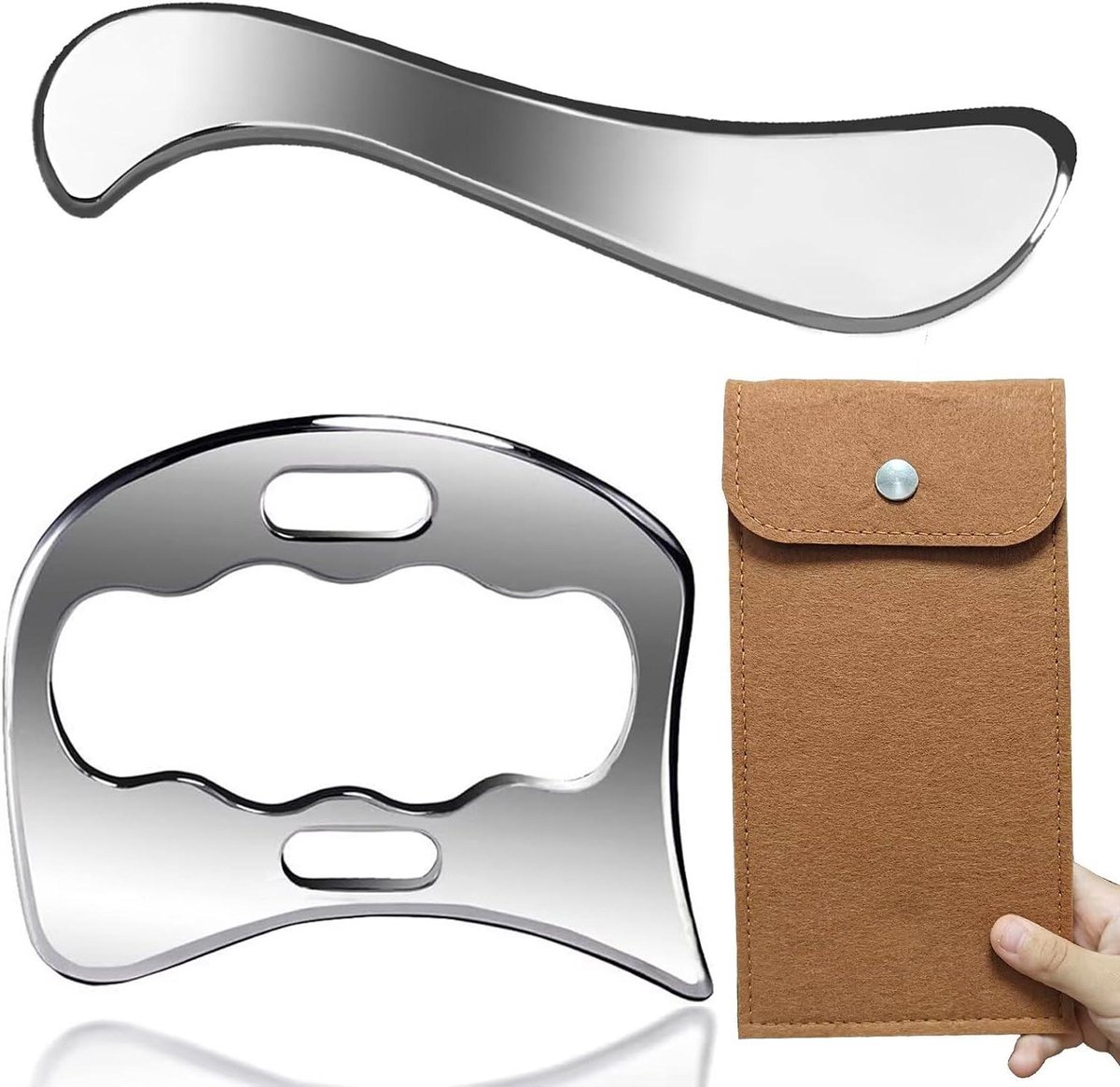 Massage Schraper Set - Gua Sha Tools - Spierherstel Bevorderen - Roestvrij Staal Ontwerp - Set van 2 - Zilverkleurig