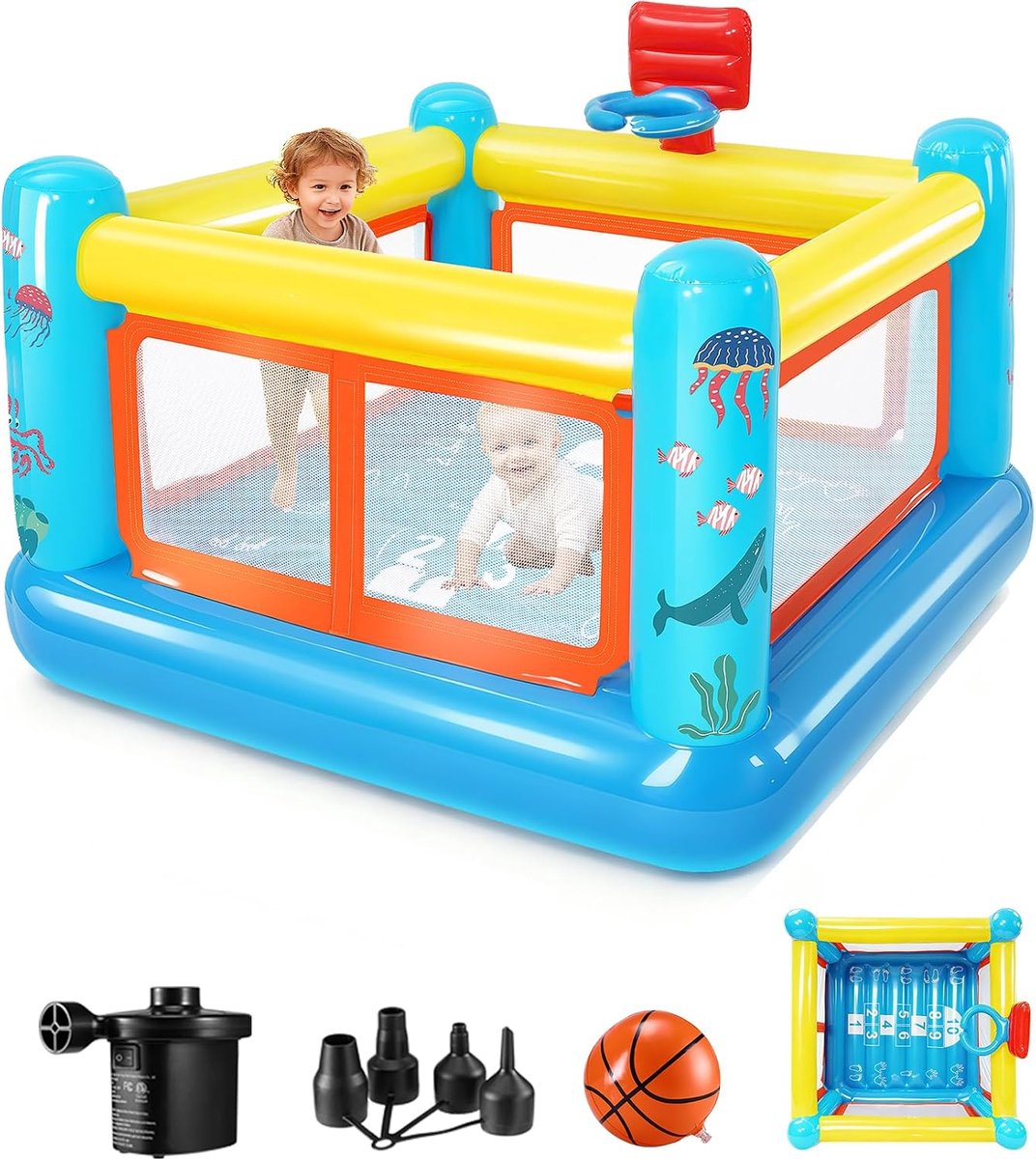 springkasteel voor kinderen van 3 tot 6 jaar, klein pvc-springkasteel, speelhuis met springkussen, basketbalkorf en springspel, inclusief luchtpomp
