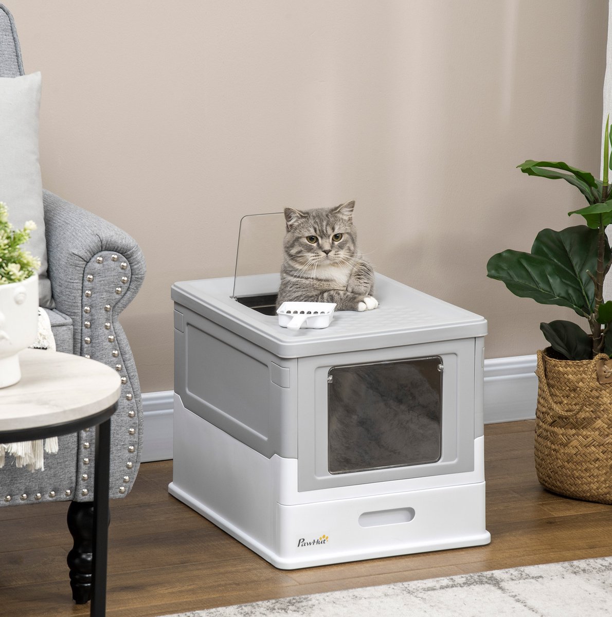 REDOM - Kattenbak - Gesloten met deksel - Vooropening en dakopening - Inclusief kattenbakschep en houder - Voor binnen - Kunststof - Wit - 47,5 x 35,5 x 36,7 cm