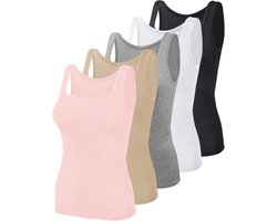 5 Pack Square Neck Tank Tops for Women Sleeveless Ladies Tank Top with Square Neck Womens Undershirts, S(Black, White, Gray, Beige, Pink)