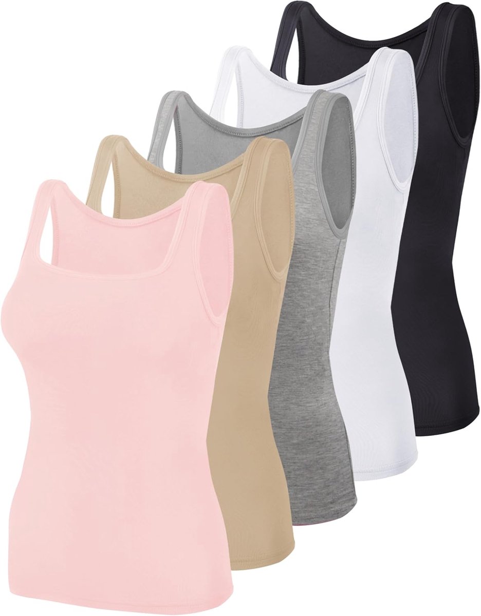 5 Pack Square Neck Tank Tops for Women Sleeveless Ladies Tank Top with Square Neck Womens Undershirts, S(Black, White, Gray, Beige, Pink)