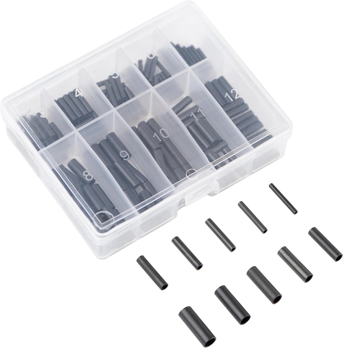 Fishing Klemhulzen, assortiment, 10 maten, 150 stuks, zwart, knijphulzen, vissen, verschillende maten in doos, materiaal voor roofvissen