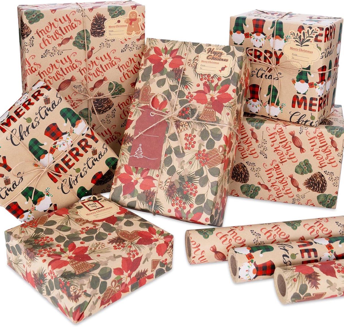 Cadeaupapier, rol cadeaupapier + cadeaulabels, stickers + touw voor