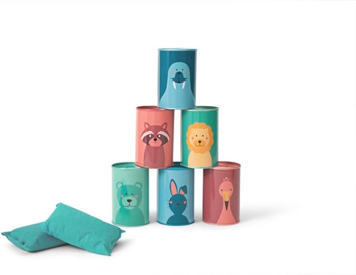 Toys Blikkenwerpen – werpspel voor kinderen vanaf 3 jaar – outdoor & verjaardagsspel met 10 blikjes met diermotieven & 2 werpzakjes – tuinspel & behendigheidsspel