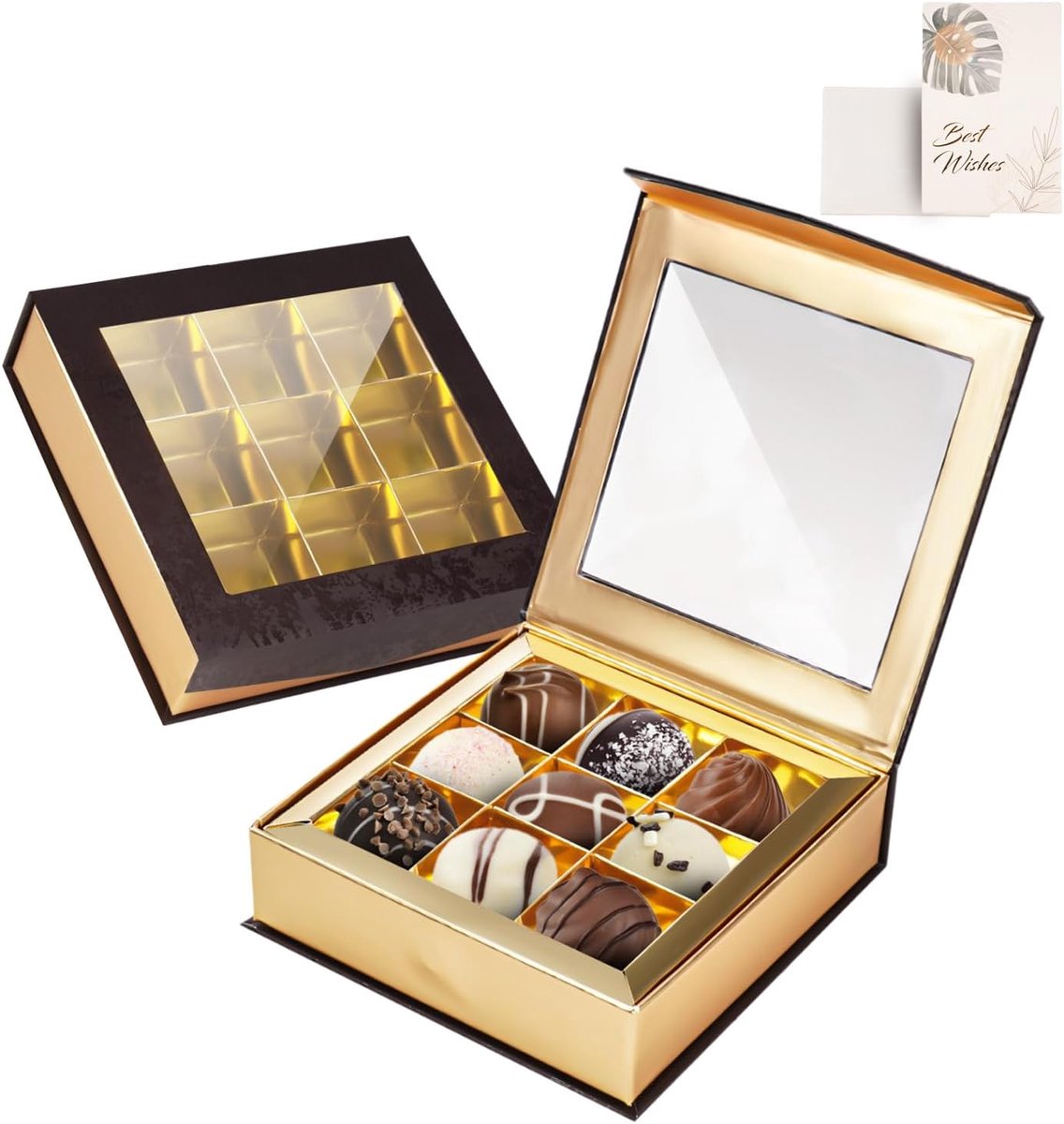 Kerstmis zwart bonbondoos lege geschenkdoos, (14x14cm) chocolade geschenkdozen set, magnetische dessert-geschenkdozen met doorzichtige envelop voor gebak (9 roosters (2 pak))