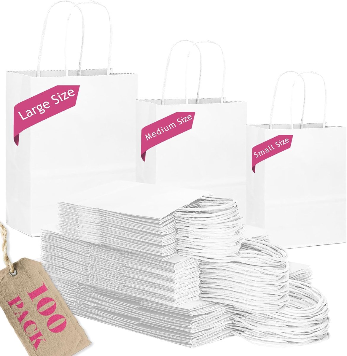 SnelShoppen - Witte Papieren Tassen met Handvat - Grote Verpakking van 100 Stuks - Diverse Maten - 34 Stuks Klein, 33 Stuks Medium, 33 Stuks Groot - I