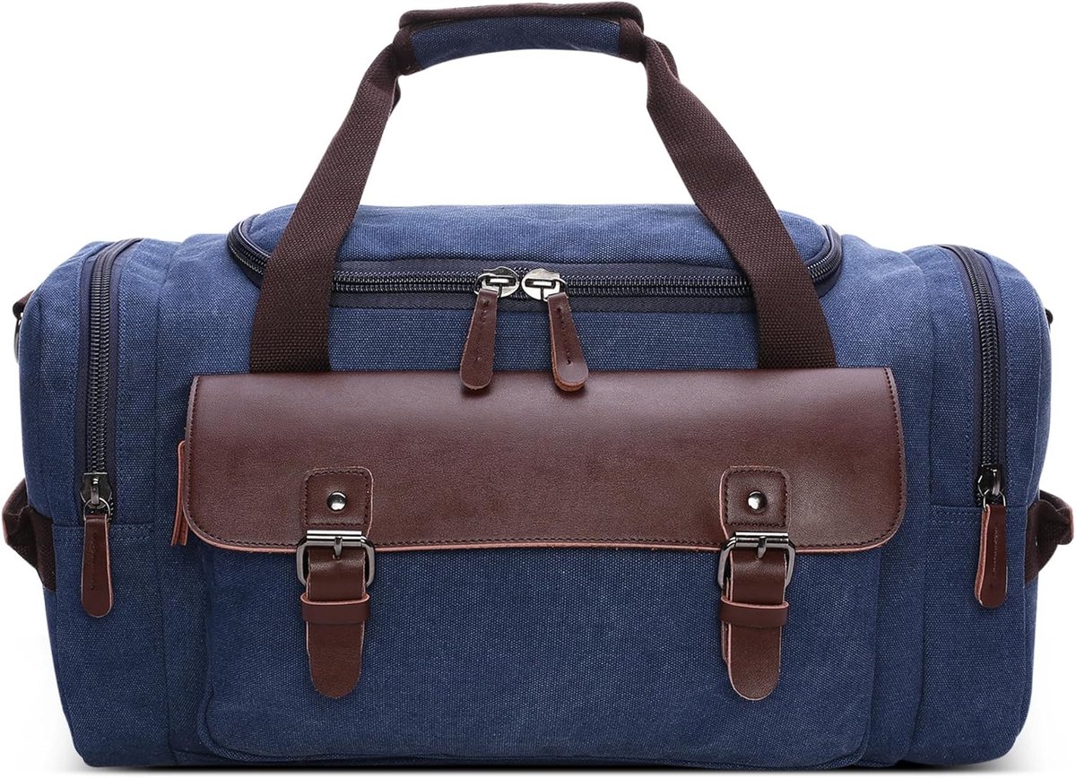 SnelShoppen - Vintage Men Travel Duffle Bag - Weekend Schoudertas - Canvas Sporttas voor Gym, Camping, Vakantie - Blauw - Multifunctionele Holdall Bag