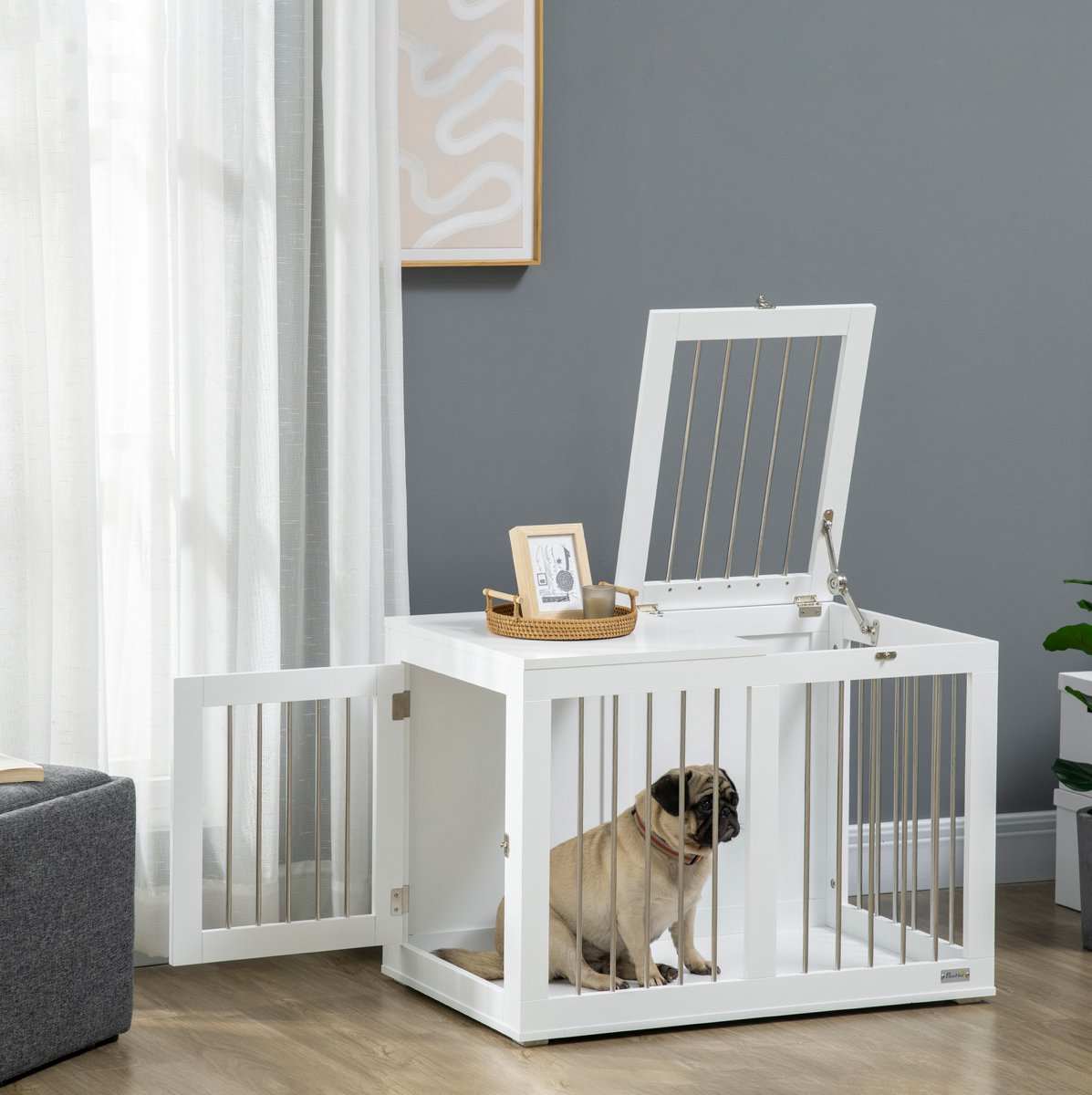 REDOM - Hondenbench voor middelgrote honden - Met 2 deuren en opklapbare bovenkant - Verhoogde bodem - MDF en staal - 80 x 50 x 56,5 cm