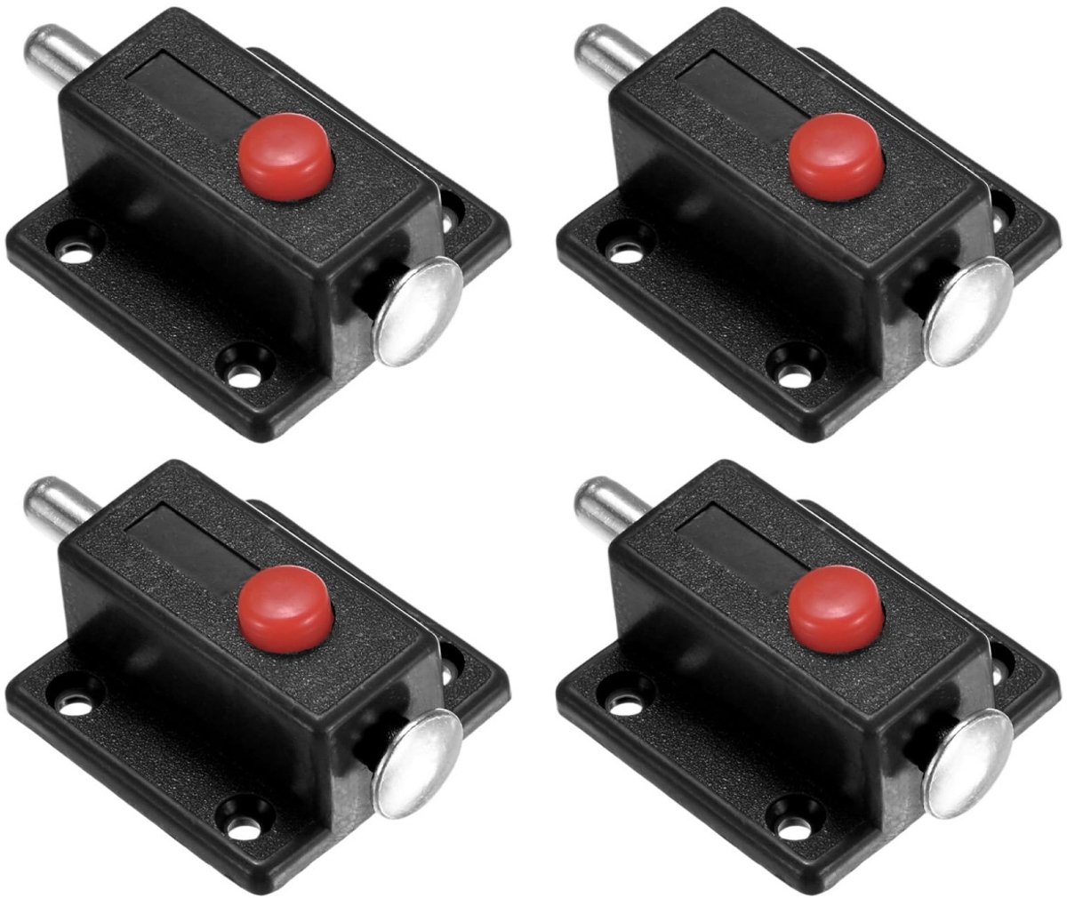 longziming -Veiligheidsgrendel – Schuifslot – Kast- en Deurvergrendeling – Met Drukknop – Automatische Veergrendel – RVS en ABS – Zwart – Set van 4