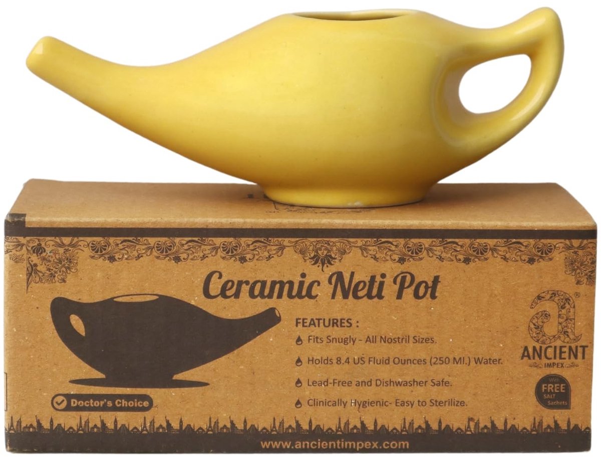 Omgoods - Gele Ceramic Neti Pot voor Neusreiniging met 10 Sachets Neti Zout
