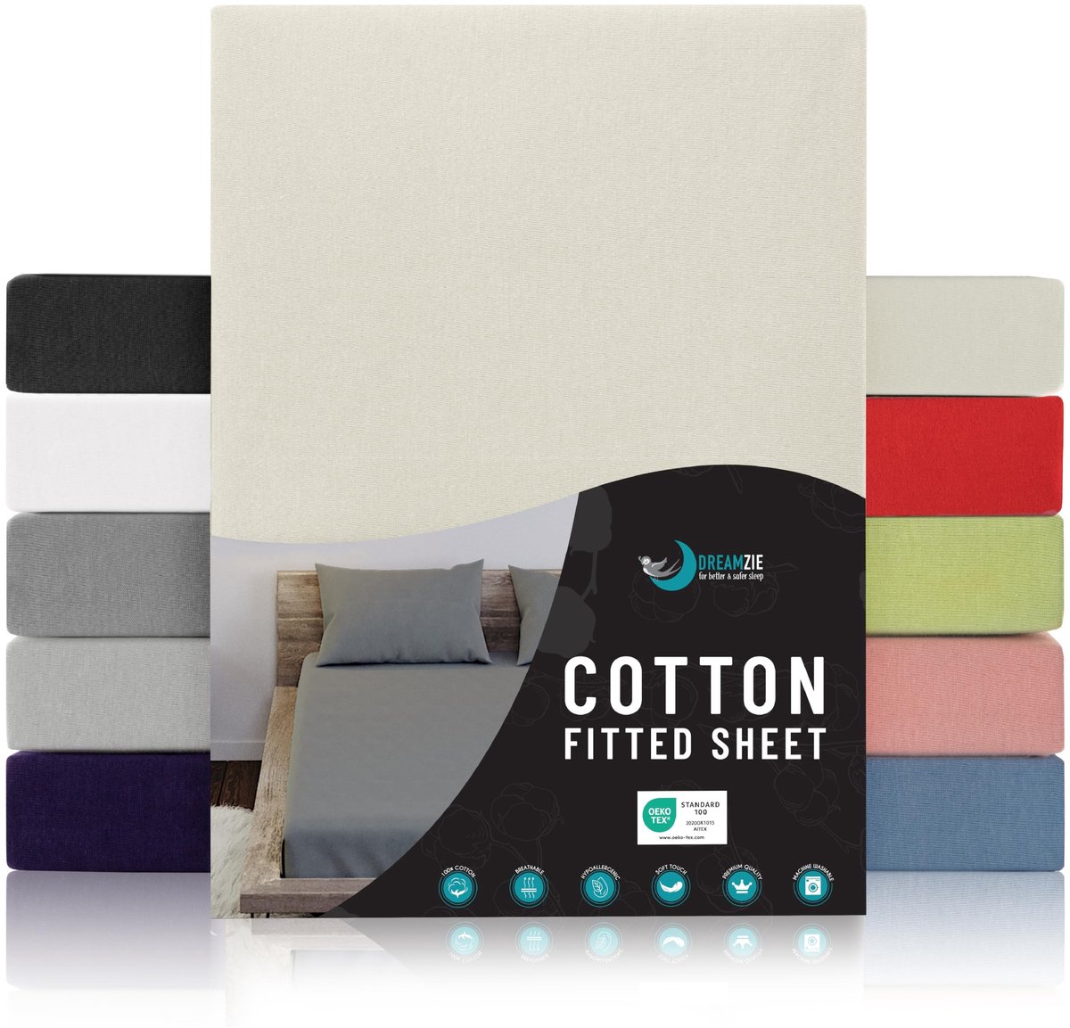 Omgoods - Jersey Katoenen Fitted Sheet Beige 180 x 200 x 27 cm, Oeko-Tex Gecertificeerd