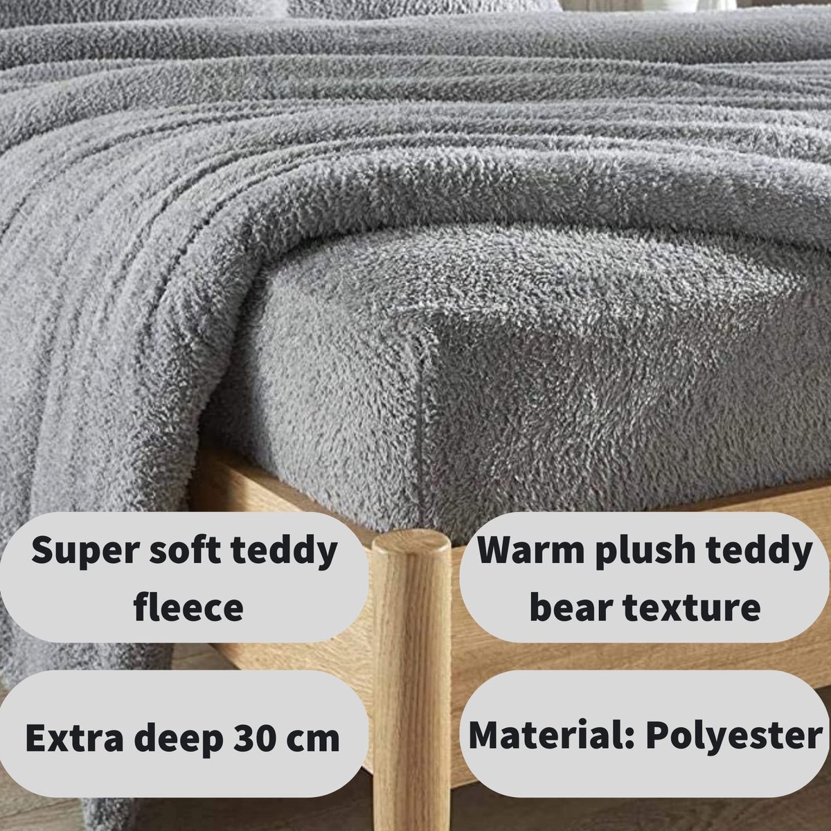 Omgoods - Teddy Fleece Fitted Sheet, Dubbel, Grijs