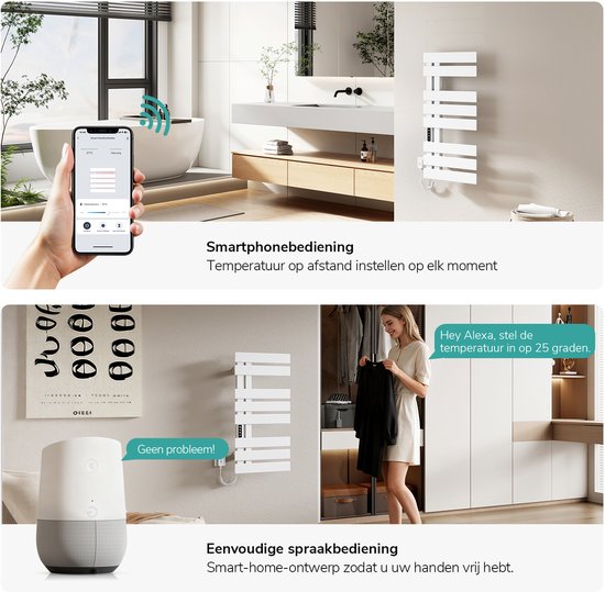 Witte handdoekradiator in een badkamer en een garderobekamer, bediend via smartphone en spraakassistent.