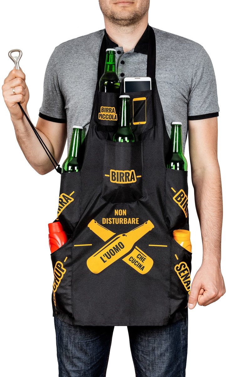 Omgoods - Schort voor Mannen - Zwart met Italiaanse Inschriften en 7 Vakken