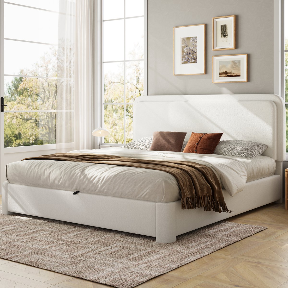 MIVRAY Dubbel Bed 160x200 Cm - Bouclé Met Verstelbaar Hoofdeinde En Opbergruimte - Met Lattenbodem - Zonder Matras - Wit