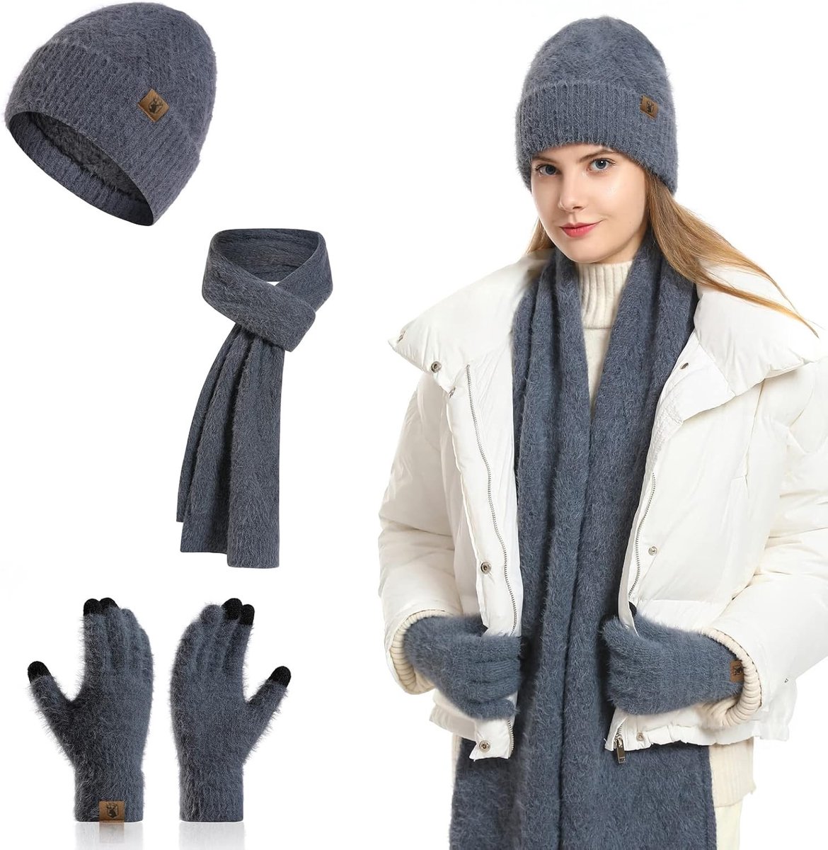 Winterset voor Dames: 3-in-1 Beanie, Lange Sjaal en Touchscreen Handschoenen - Warm en Comfortabel voor Koude Dagen