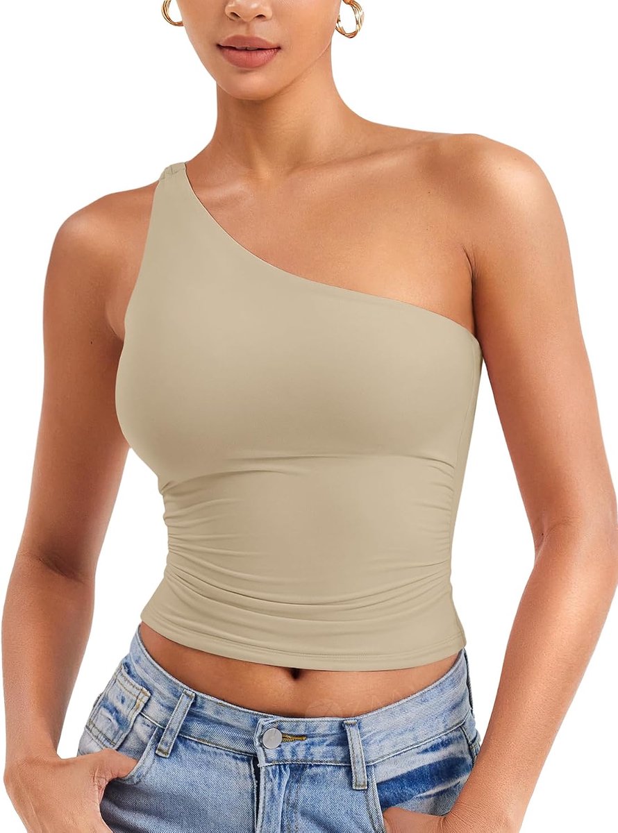 Dames One Shoulder Tank Tops Schoudervrij Bovendeel Y2K Slim Fit Crop Top Sexy Zomer Tops Double Lined Mouwloos Cropped Tee Shirt