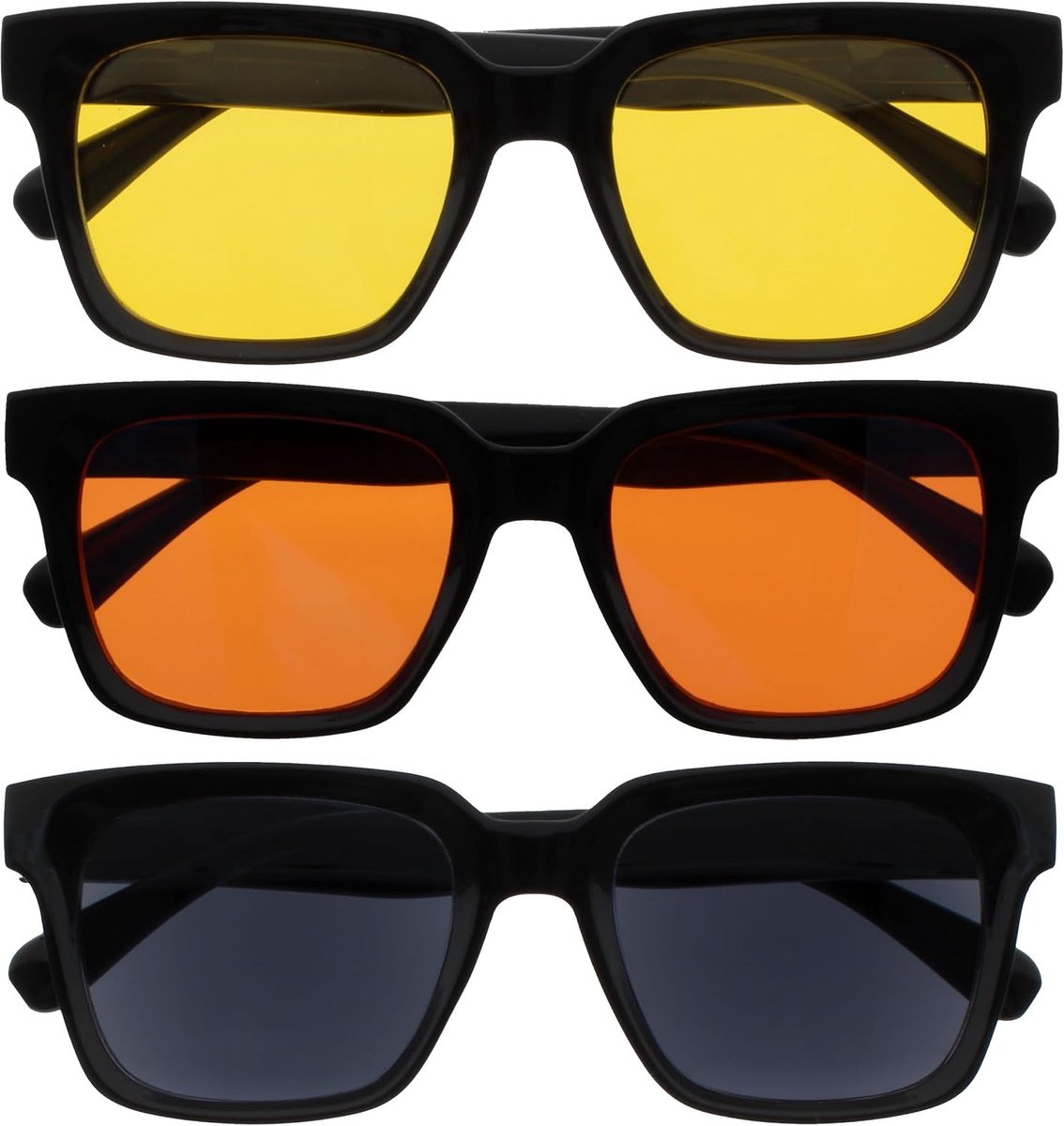 ERA Zonnebril – Gele Oranje Zwart Lenzen – 3-pack - Antireflectie, niet-verblindend Gepolariseerd UV400 – Oversized rechthoekig montuur – Veerscharnieren – Zwart – Heren Dames