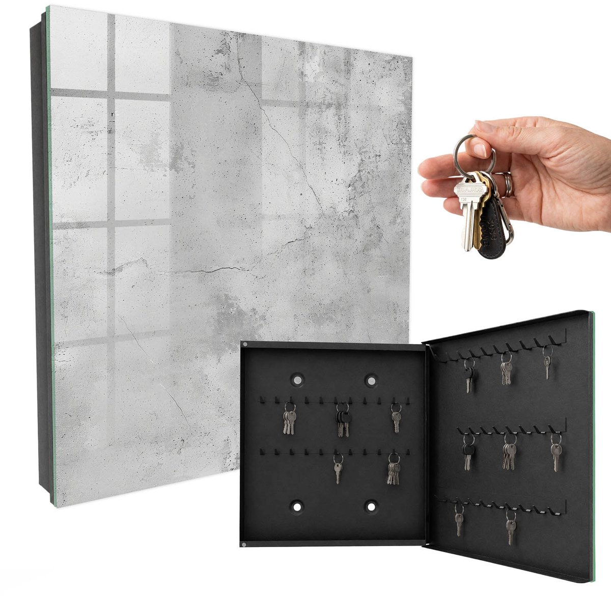 WallMuralia - Sleutelkast - 30x30x5 cm - met 50 haken - Rauwe Elegantie Sleutelkastje Gang - Grijs Sleutelbox - Rechtsopenend - Zwart interieur