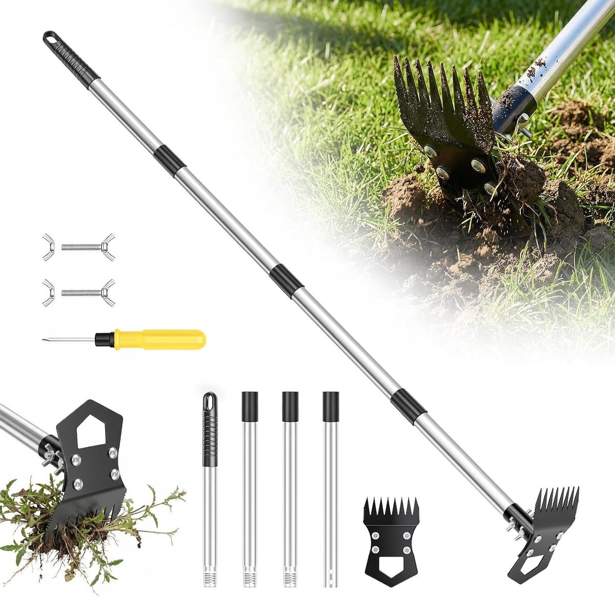 Onkruidsteker Lange Steel - Onkruidverwijderaar Tuin - Onkruid Verwijderen - 2-in-1 Hark en Hak - 150 cm - Zilver
