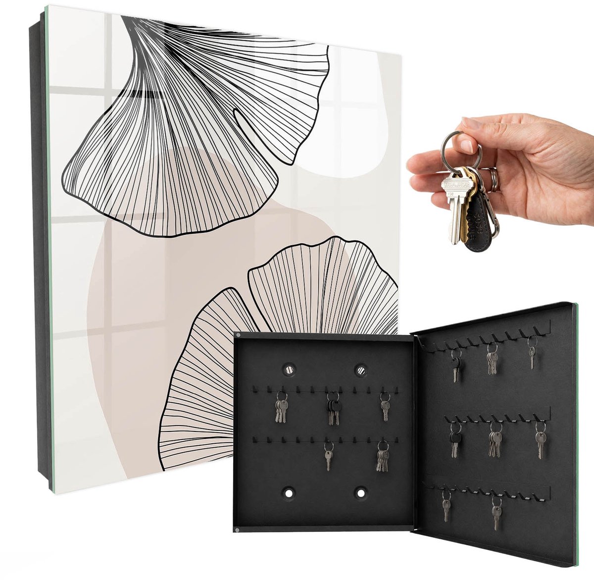 WallMuralia - Sleutelkast - 30x30x5 cm - met 50 haken - Zwarte Bladeren Sleutelkastje Landelijk - Romig Sleutelbox - Rechtsopenend - Zwart interieur