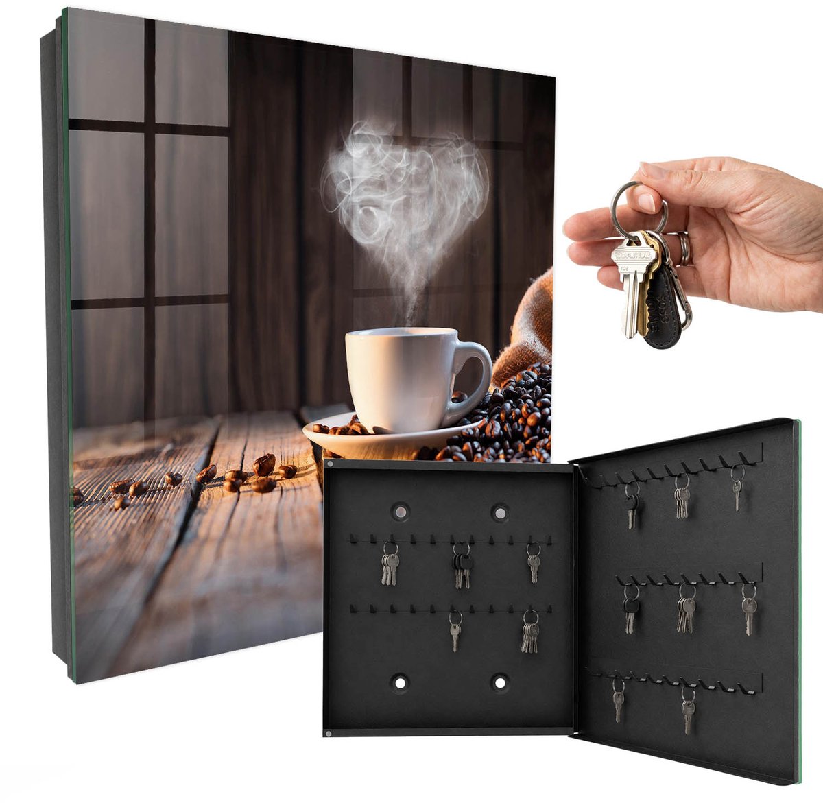 WallMuralia - Sleutelkast - 30x30x5 cm - met 50 haken - Koffiehart Leuk Sleutelkastje - Bruin Sleutelbox - Rechtsopenend - Zwart interieur