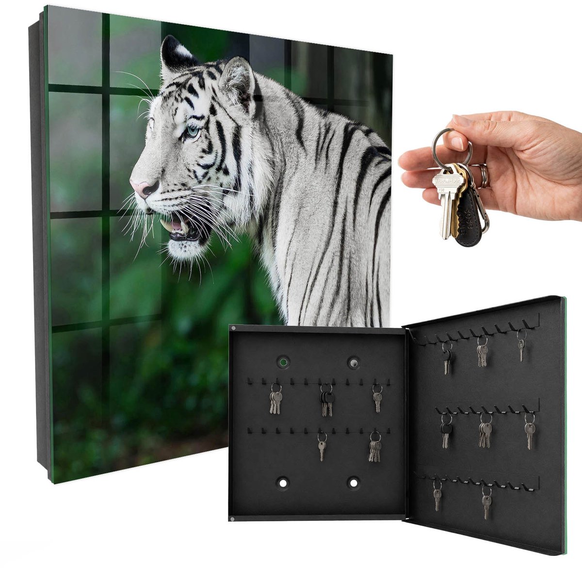 WallMuralia - Sleutelkast - 30x30x5 cm - met 50 haken - Witte Tijger Sleutelkastje Hal - Wit Sleutelbox - Rechtsopenend - Zwart interieur