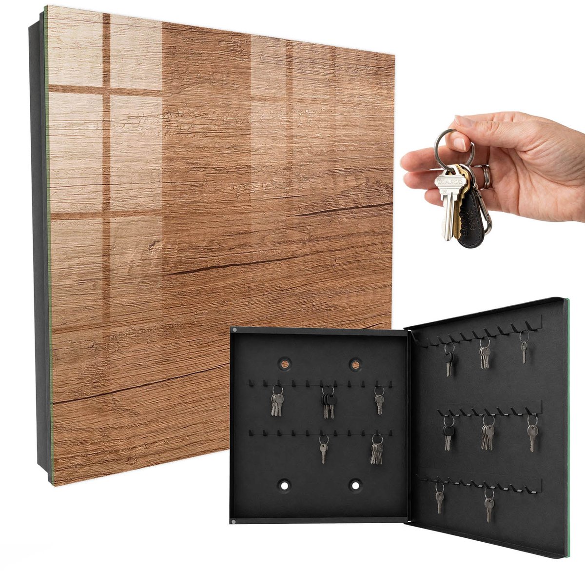 WallMuralia - Sleutelkast - 30x30x5 cm - met 50 haken - Houtstructuur Sleutelkastje Huis - Bruin Sleutelbox - Rechtsopenend - Zwart interieur