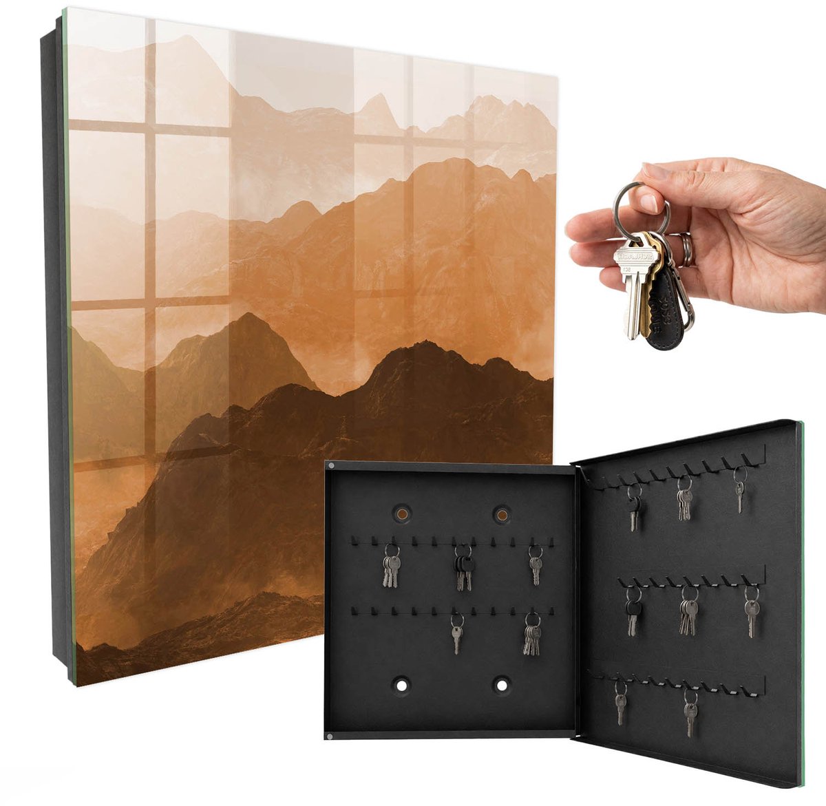 WallMuralia - Sleutelkast - 30x30x5 cm - met 50 haken - Bergpanorama Design Sleutelkastje - Oranje Sleutelbox - Rechtsopenend - Zwart interieur