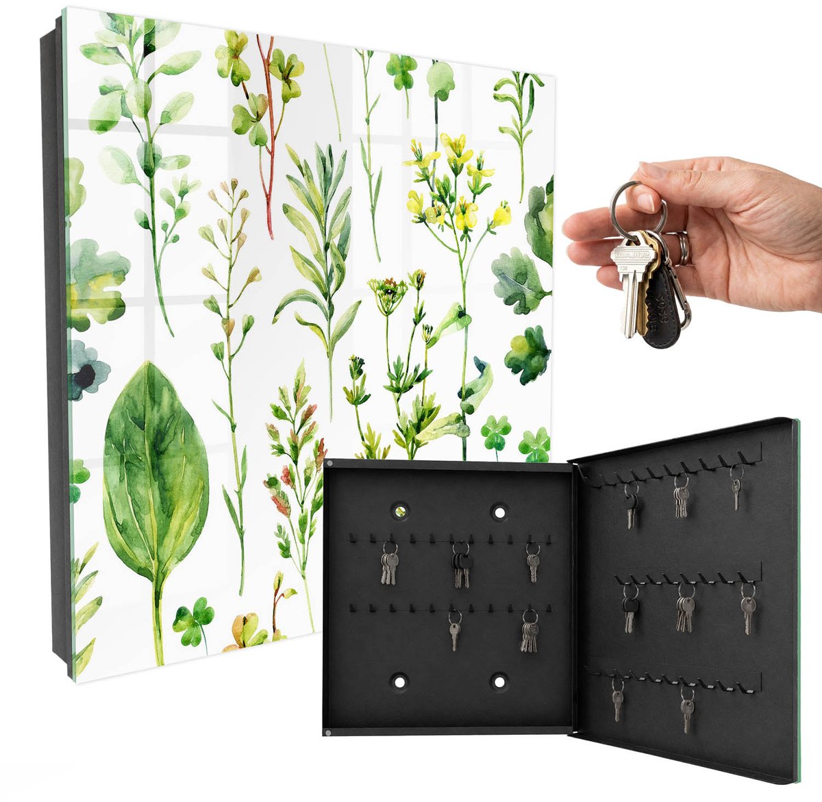 WallMuralia - Sleutelkast - 30x30x5 cm - met 50 haken - Plantenaquarel Leuk Sleutelkastje - Groente Sleutelbox - Rechtsopenend - Zwart interieur