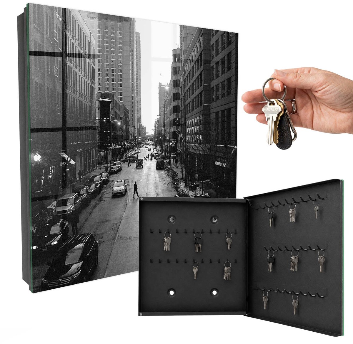 WallMuralia - Sleutelkast - 30x30x5 cm - met 50 haken - Het Dagelijks Leven In De Stad Sleutelkastje Gang - Wit Sleutelbox - Rechtsopenend - Zwart interieur