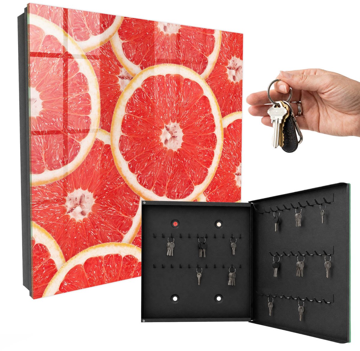 WallMuralia - Sleutelkast - 30x30x5 cm - met 50 haken - Grapefruitschijfjes Sleutelkastje Hal - Rood Sleutelbox - Rechtsopenend - Zwart interieur