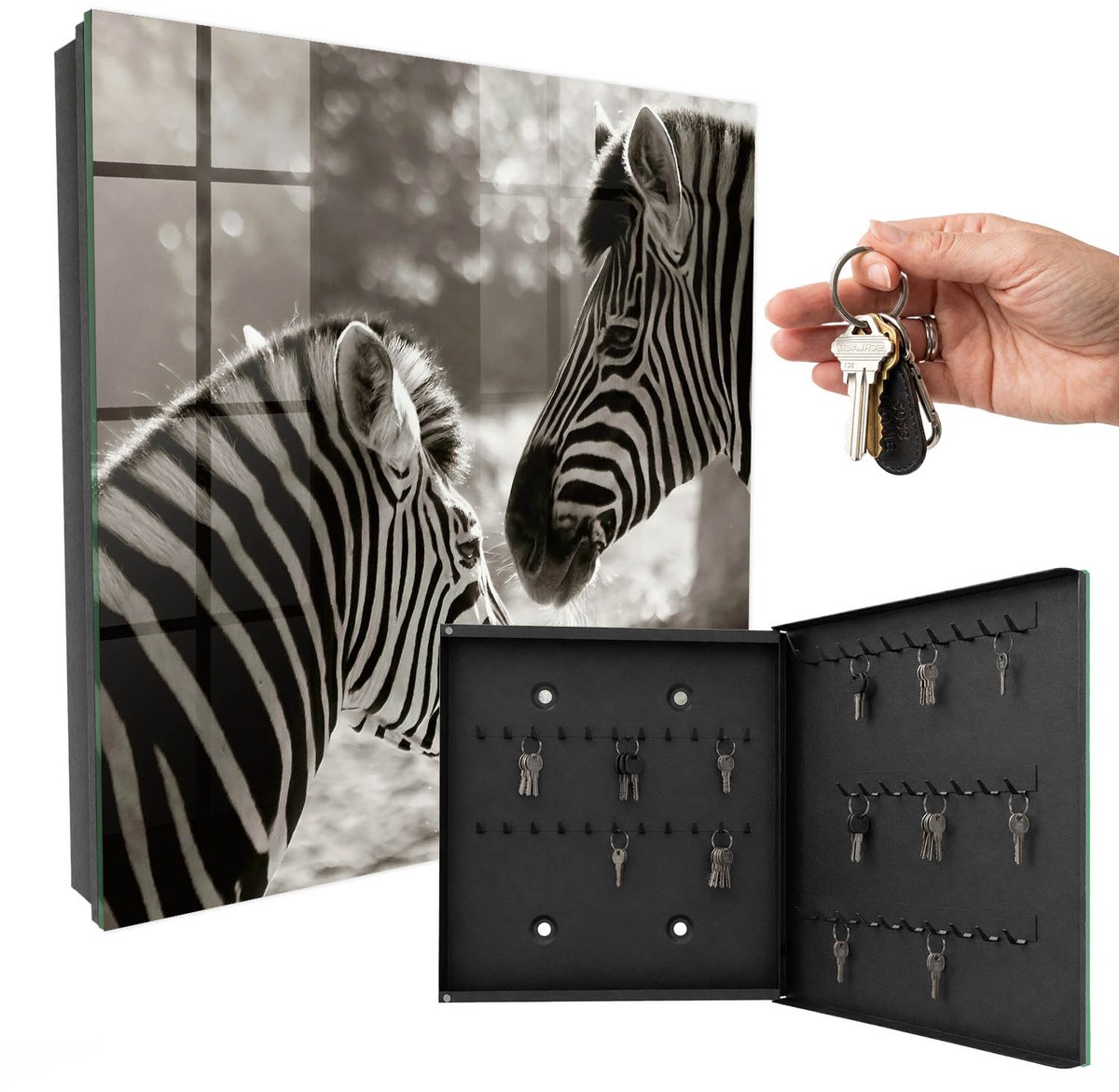 WallMuralia - Sleutelkast - 30x30x5 cm - met 50 haken - Zebra'S Samen Sleutelkastje Muur - Zwart-Wit Sleutelbox - Rechtsopenend - Zwart interieur