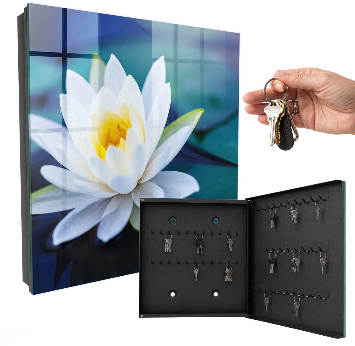 WallMuralia - Sleutelkast - 30x30x5 cm - met 50 haken - Waterlelie Sleutelkastje Modern - Groente Sleutelbox - Rechtsopenend - Zwart interieur